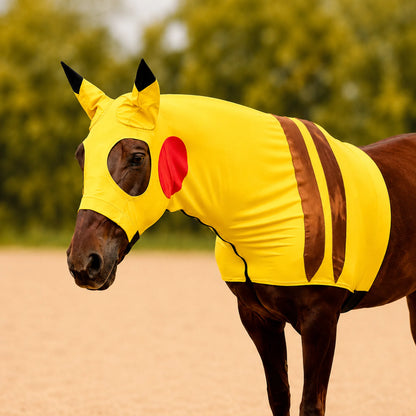 Horse wearing a yellow pikachu costume sleazy with red circle and black stripes outdoors.