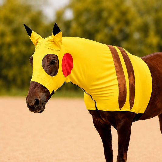 Horse wearing a yellow pikachu costume sleazy with red circle and black stripes outdoors.