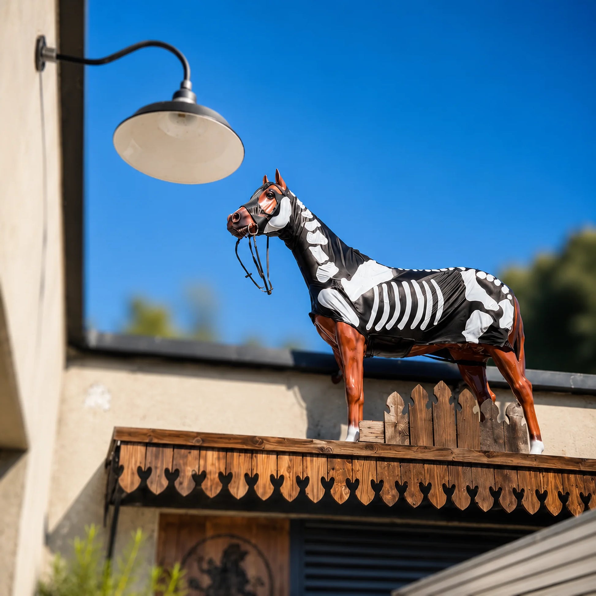 Horse wearing a black and white skeleton costume sleazy on a wooden deck with a clear blue sky.