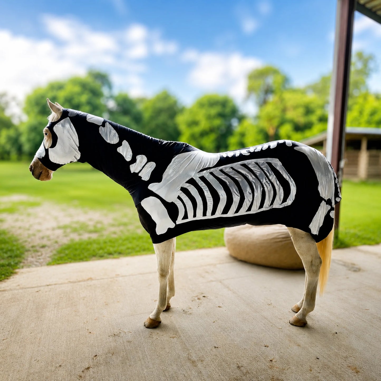 Horse wearing a skeleton costume sleazy with hand sewn on bones.