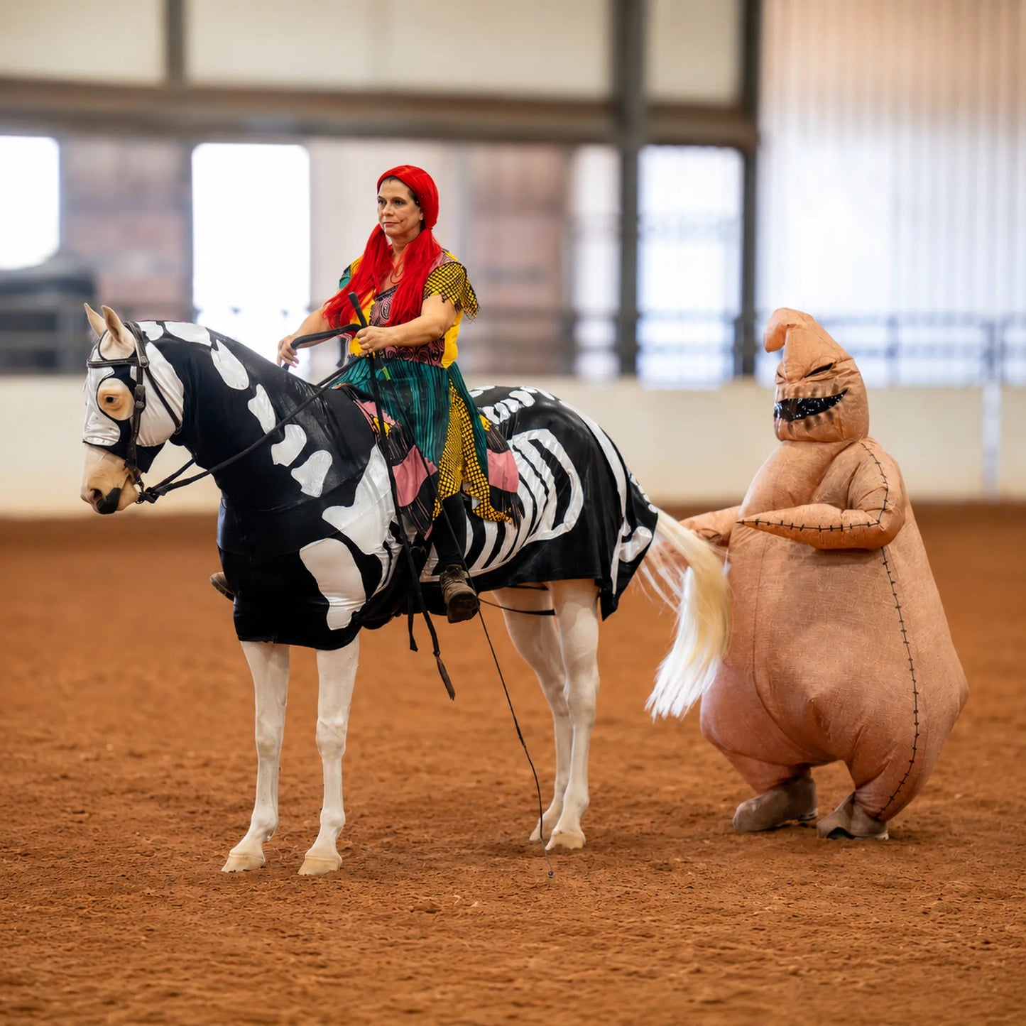 Person on a horse with a Skeleton horse costume sleazy  in an indoor arena.