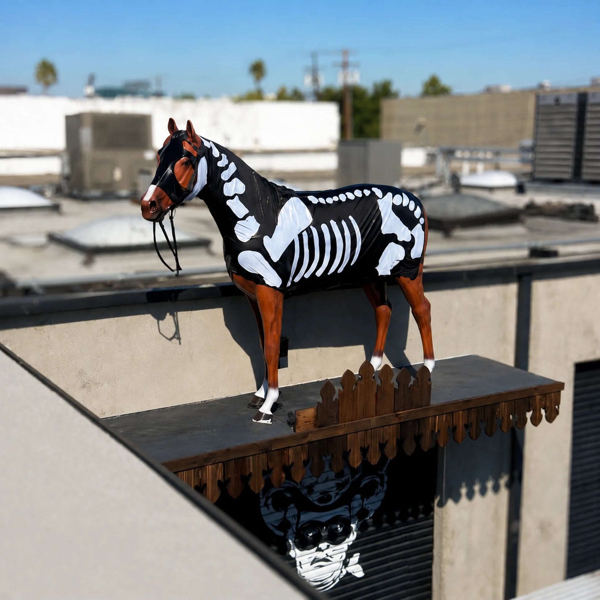 Horse wearing a skeleton costume sleazy on a rooftop with buildings in the background