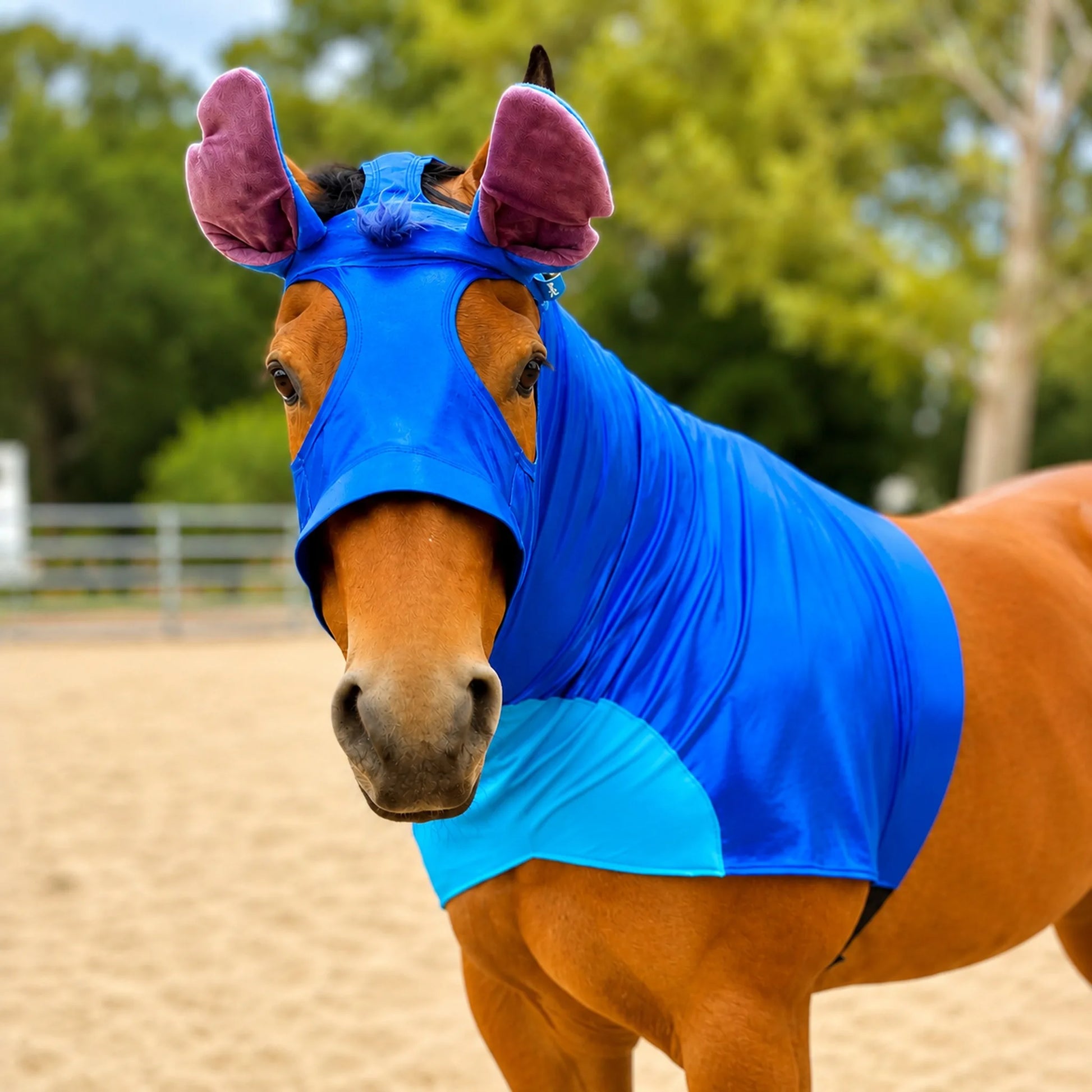 Horse wearing a blue stitch horse costume sleazy with ears in an outdoor setting