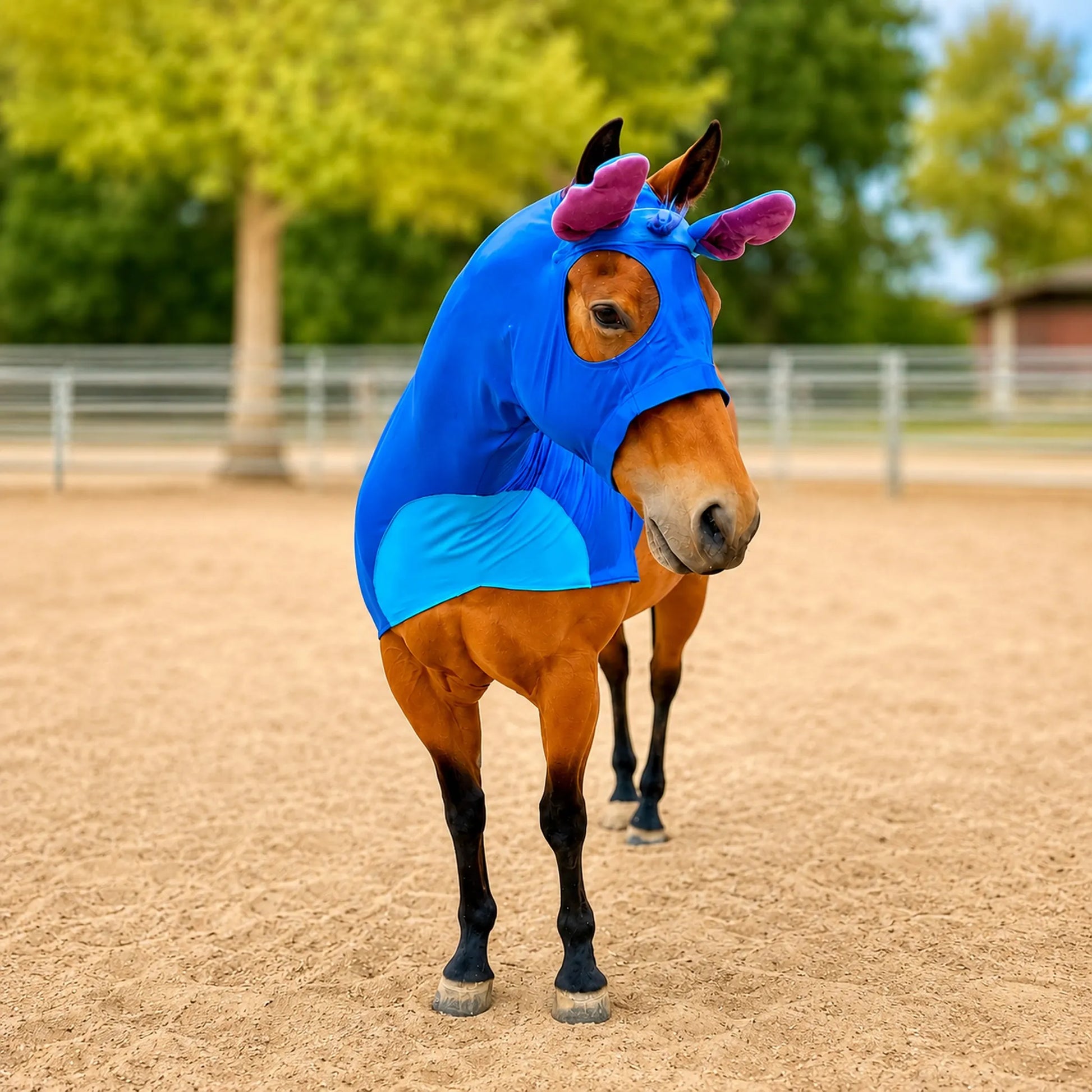 Horse wearing a blue stitch horse costume sleazy and pink ear covers in an outdoor setting