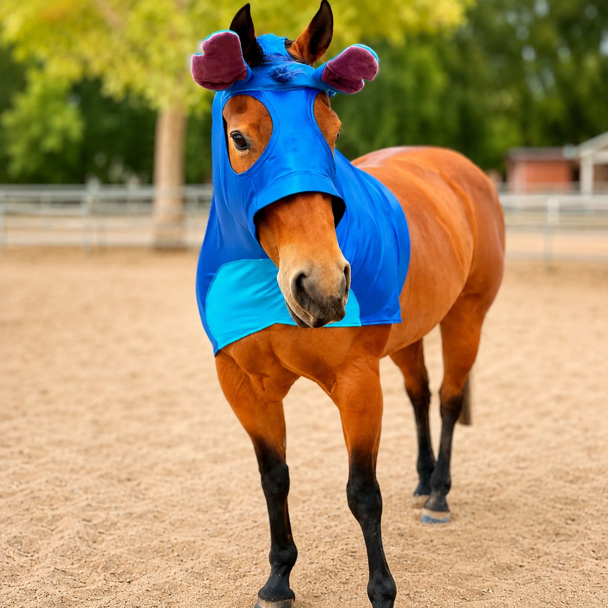 Horse wearing a blue stitch costume horse sleazy in an outdoor setting