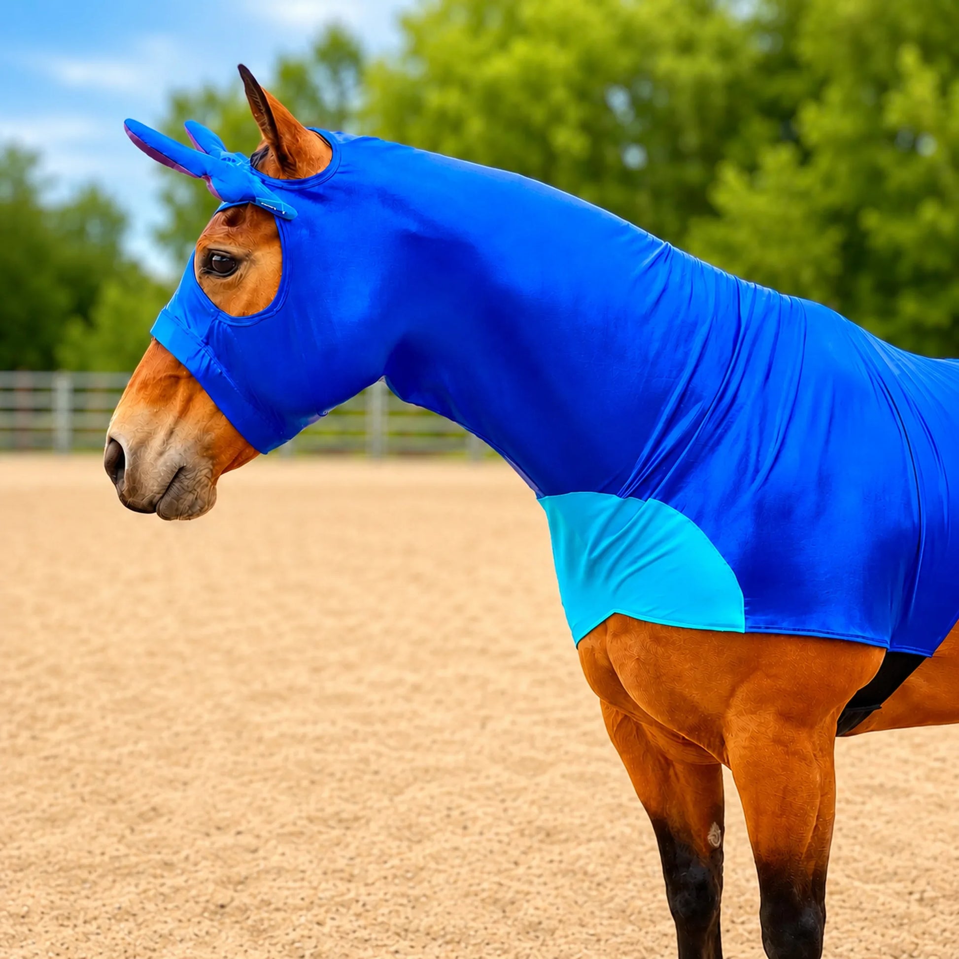 Horse wearing a blue stitch horse costume in an outdoor setting with trees in the background