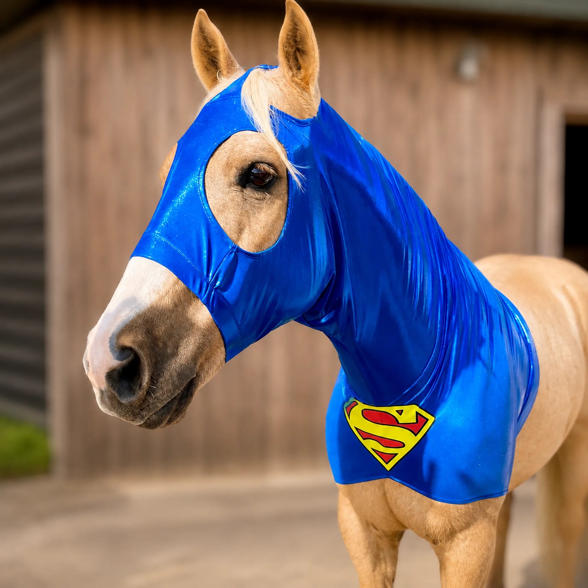 Horse wearing a metallic blue Superman costume hood sleazy in front of a wooden stable.