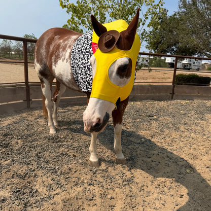 Woody front view on a horse showing custome horse costume sleazy.