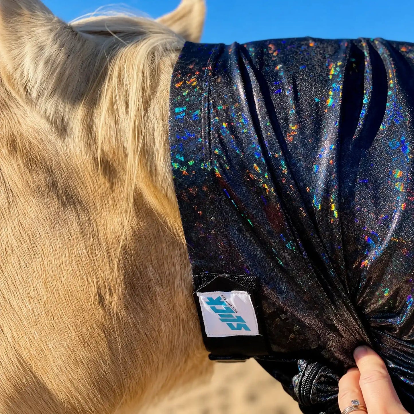 Horse wearing a colorful hologram black faceless hood sleazy with a visible brand logo against a blue sky.