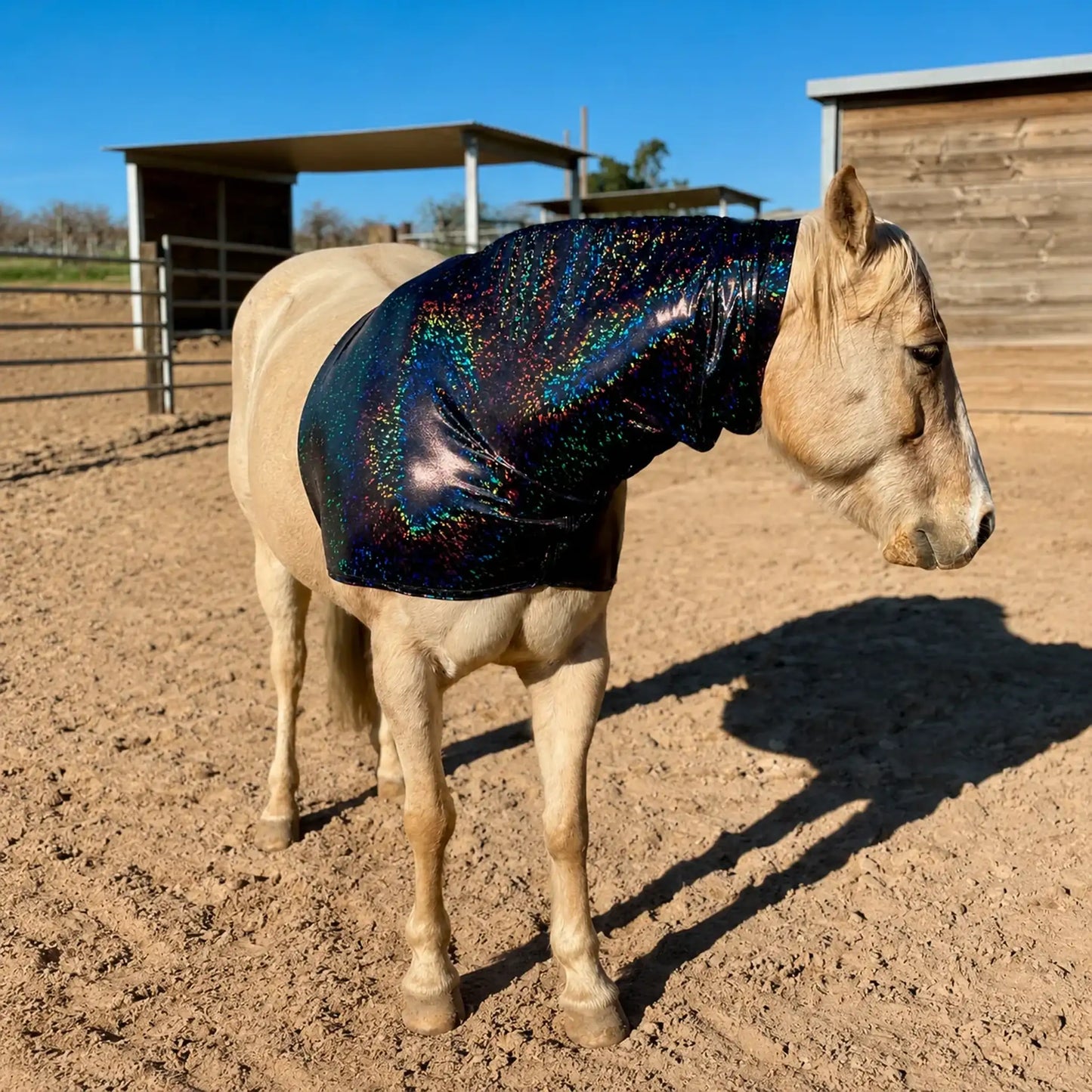 Horse wearing a reflective hologram black faceless horse hood sleazy in an outdoor stable area