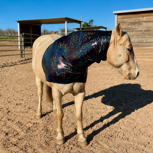 Horse wearing a reflective hologram black faceless horse hood sleazy in an outdoor stable area