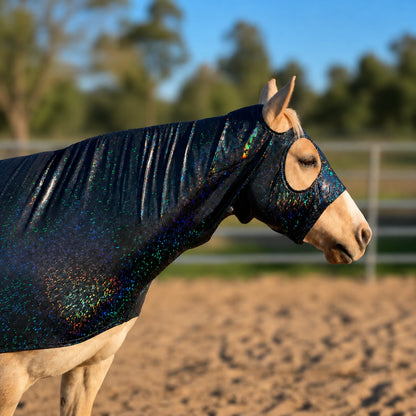 A horse wearing a shiny  hologram black sleazy hood with iridescent glitter, photographed in an outdoor horse arena with trees and a fence in the background.