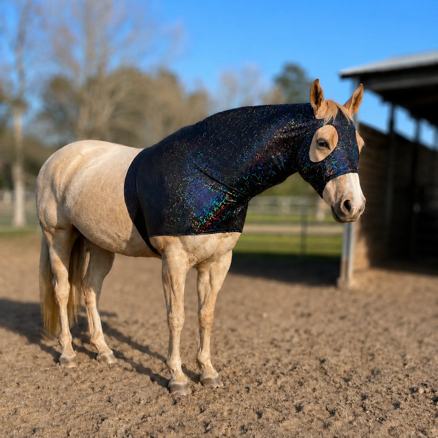 A light-colored horse standing in a dirt arena wearing a dark iridescent glitter hologram black hood right side.