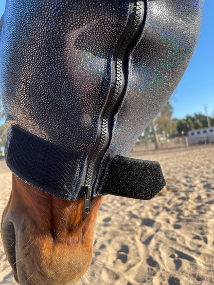 black hologram dragon feature horse costume sleazy hood showing zipper.