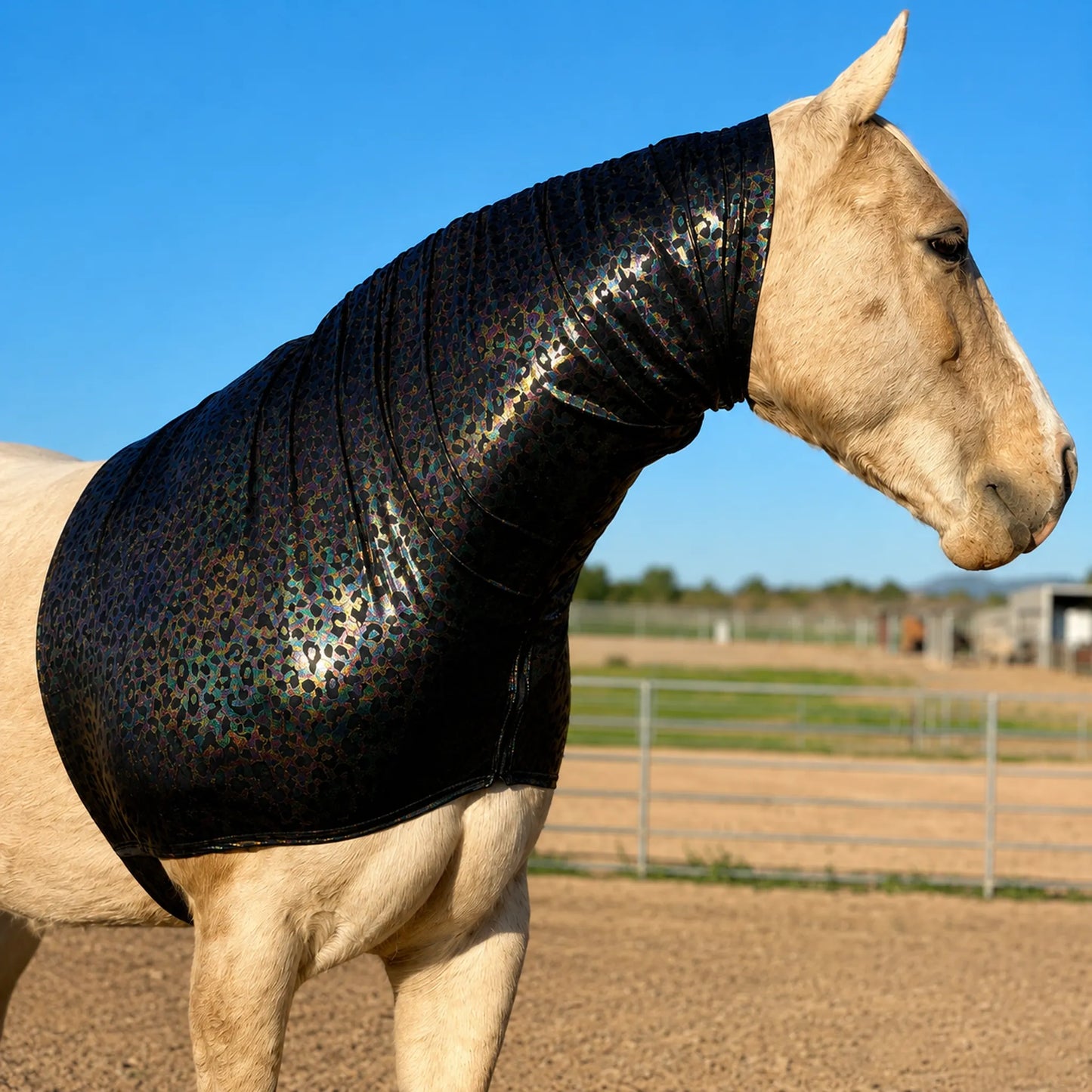 Horse wearing a shiny hologram leopard faceless hood sleazy in an outdoor setting