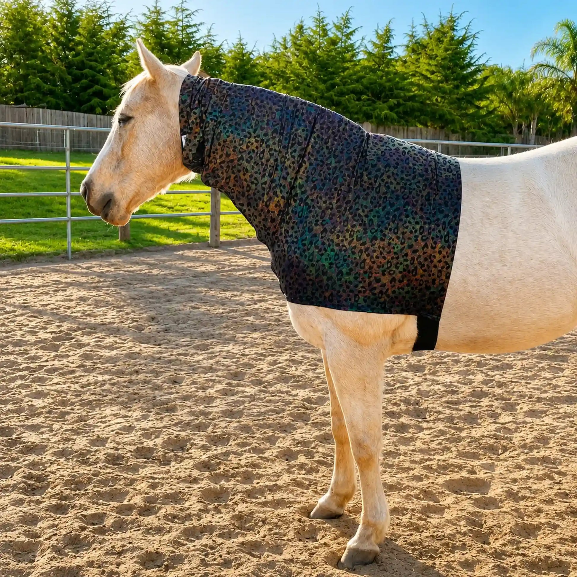 Horse wearing a shiny hologram leopard faceless hood sleazy in an outdoor setting with greenery.