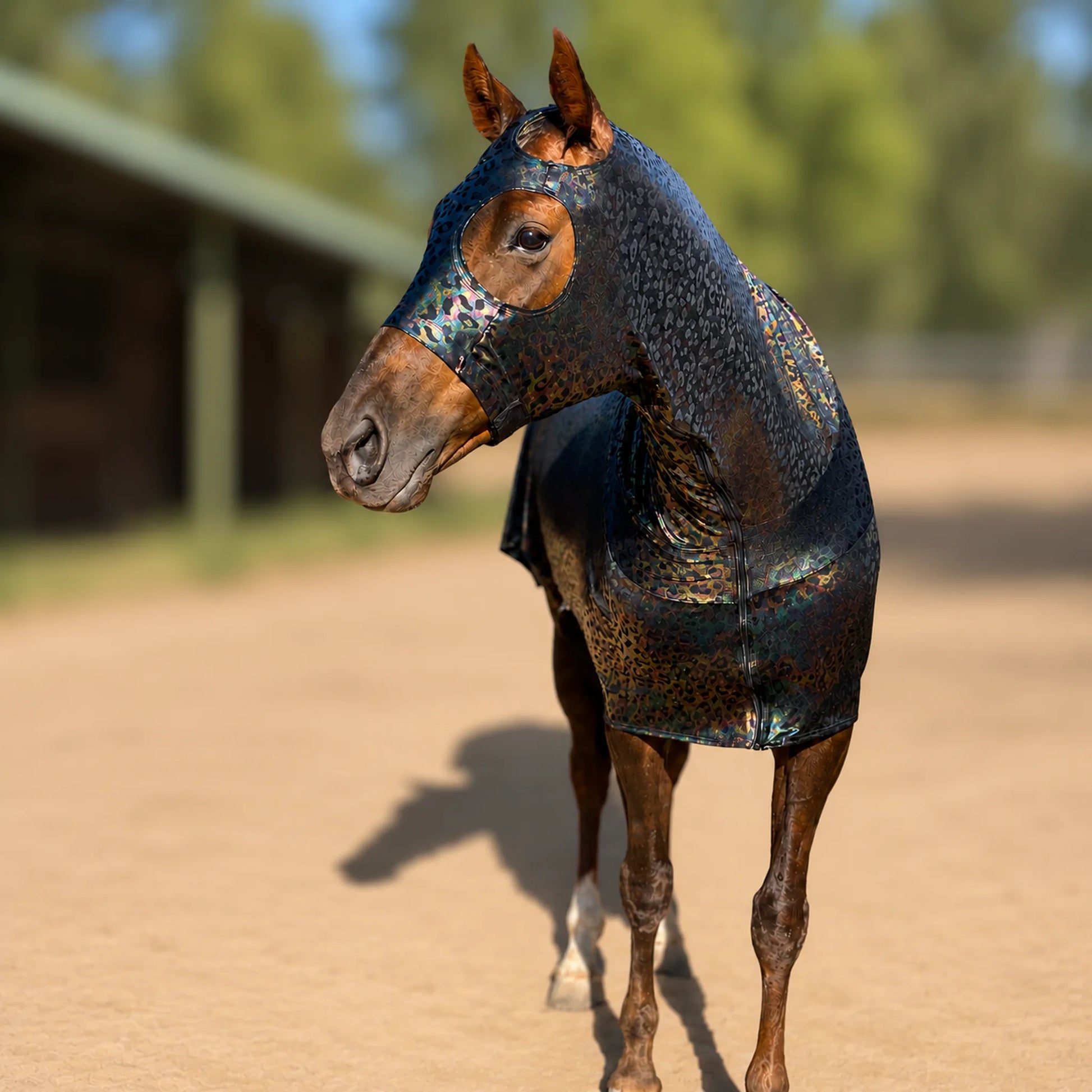 Hologram leopard full body sleazy horse front view outside showing off sleazy