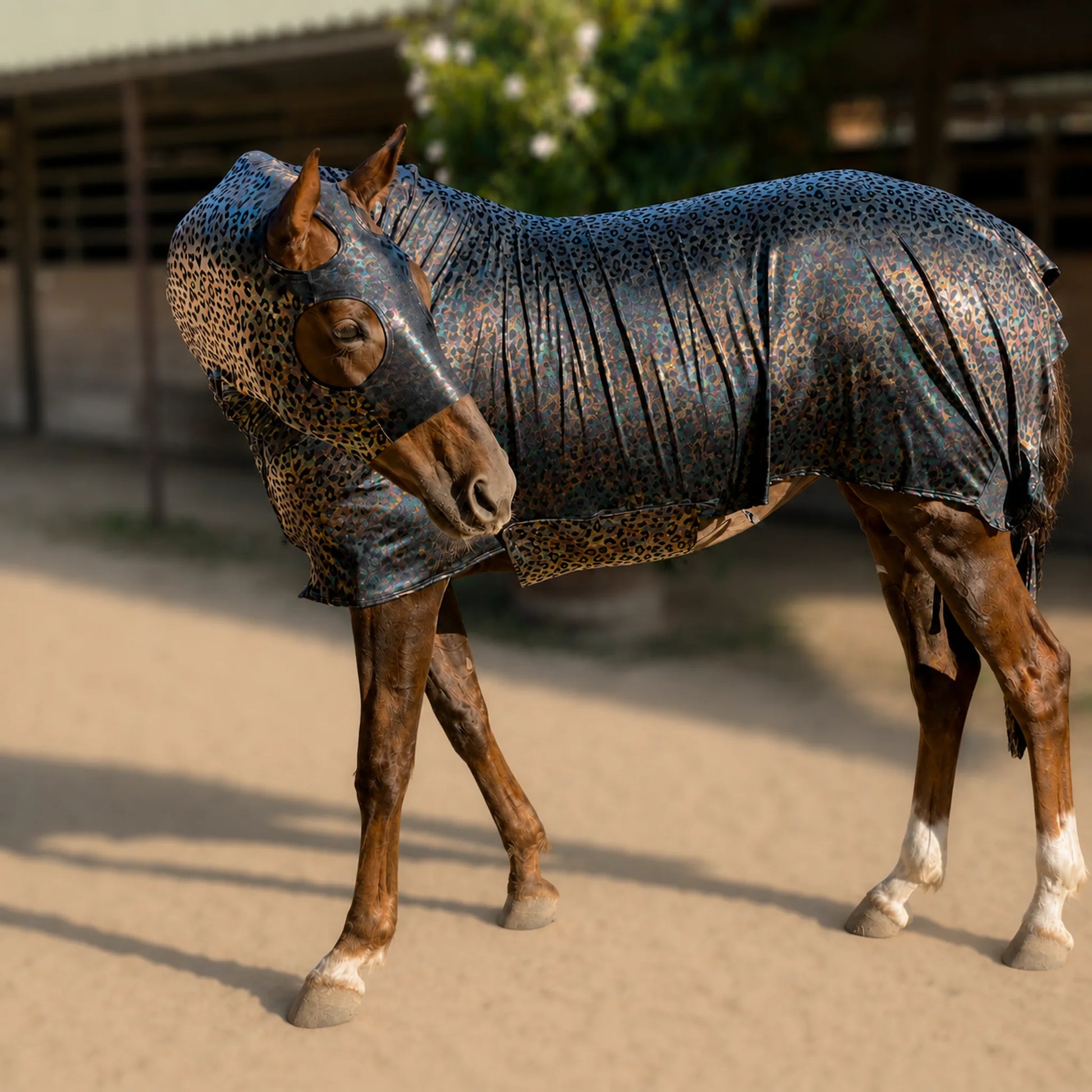 Hologram leopard full body sleazy horse left side in front of barn