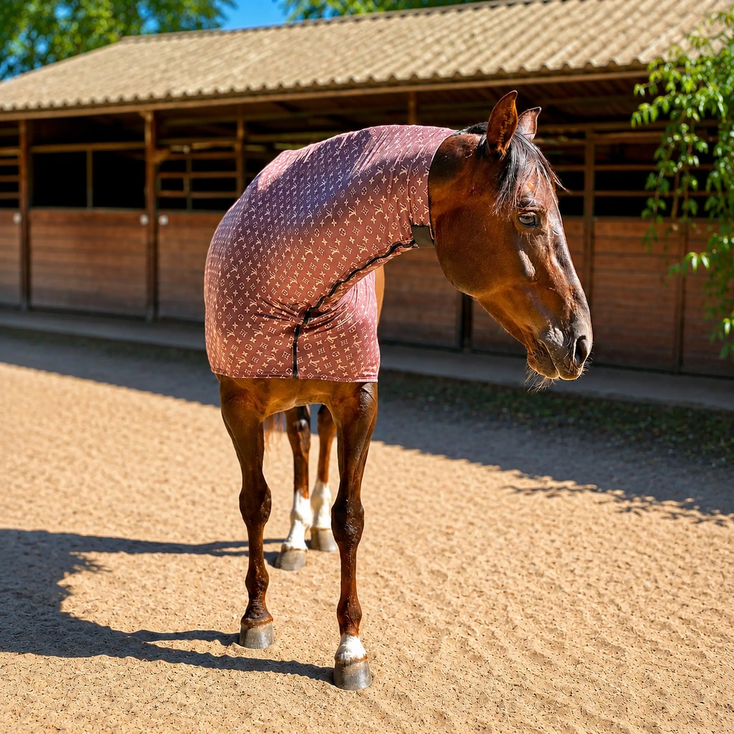 Horse wearing a LV faceless sleazy hood standing on a sandy ground with wooden stables in the background.