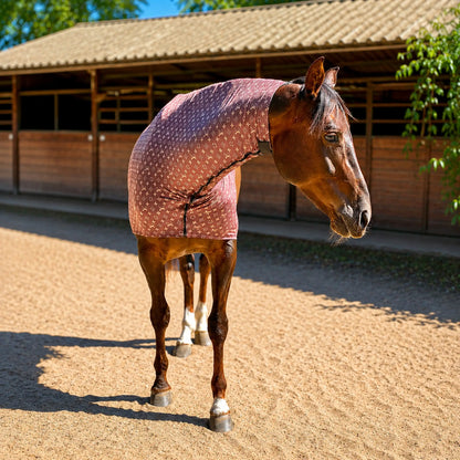 Horse wearing a LV faceless sleazy hood standing on a sandy ground with wooden stables in the background.