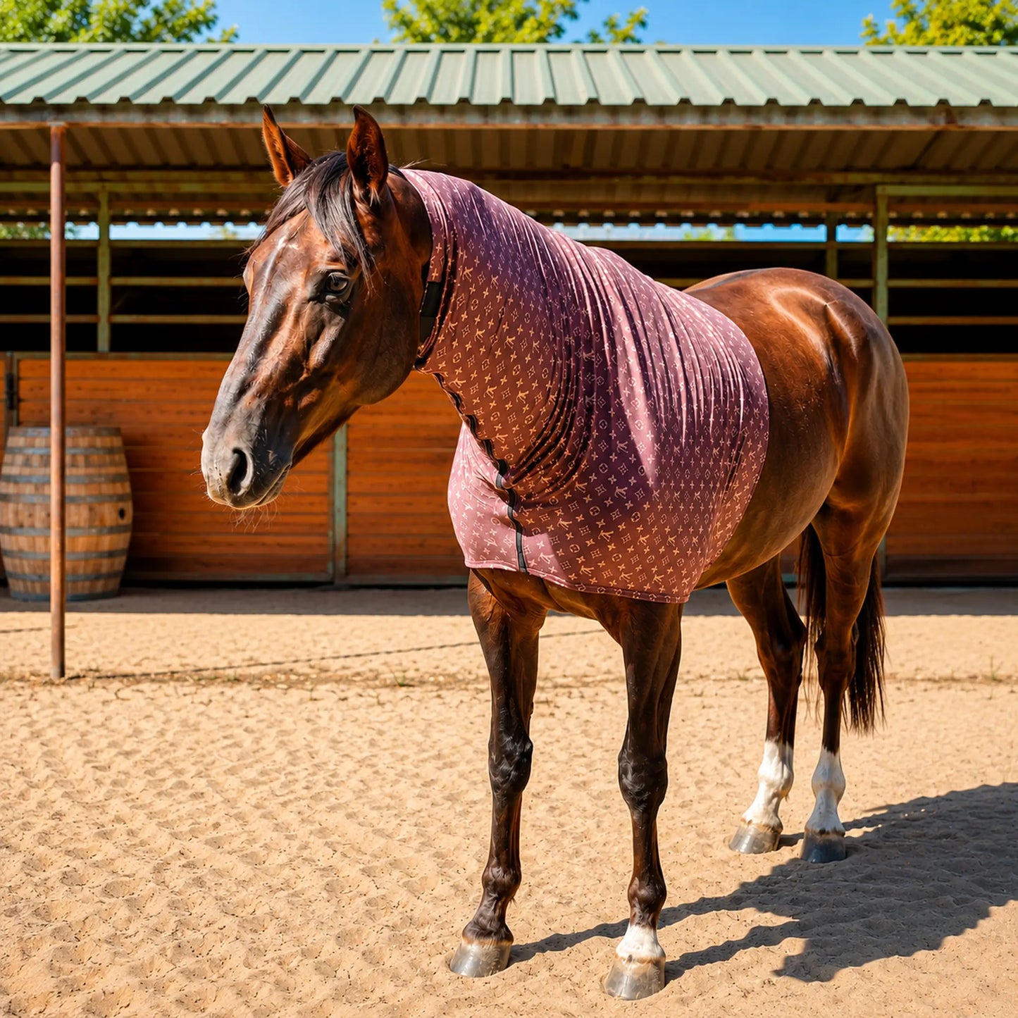 Horse wearing a LV brown faceless hood standing in an outdoor stable area.