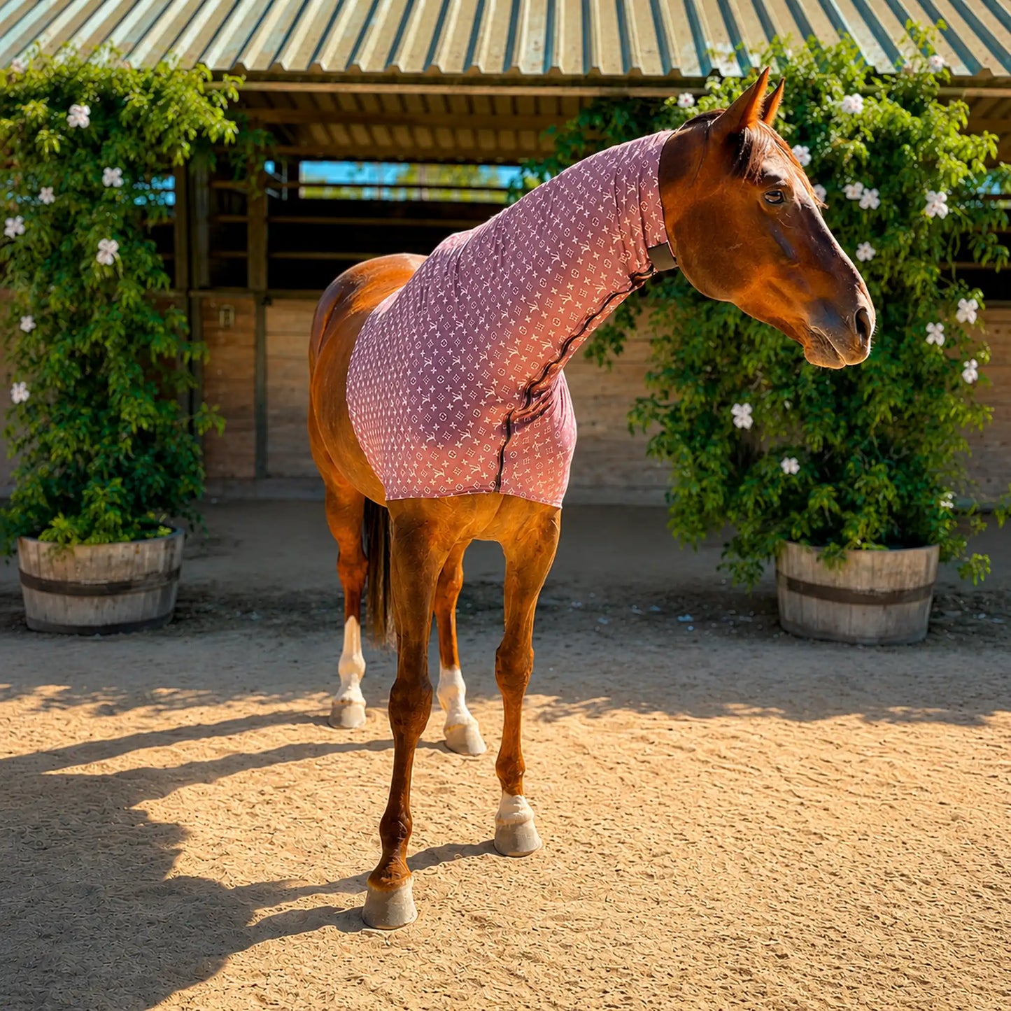 Horse wearing a LV brown sleazy hood in an outdoor stable area with plants and a roof.