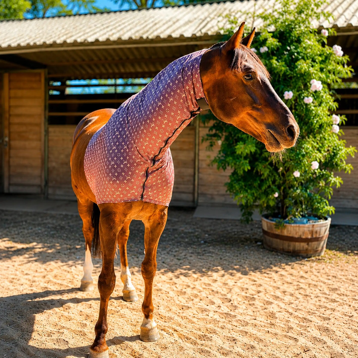 Horse wearing a LV brown faceless sleazy hood standing in an outdoor stable area.