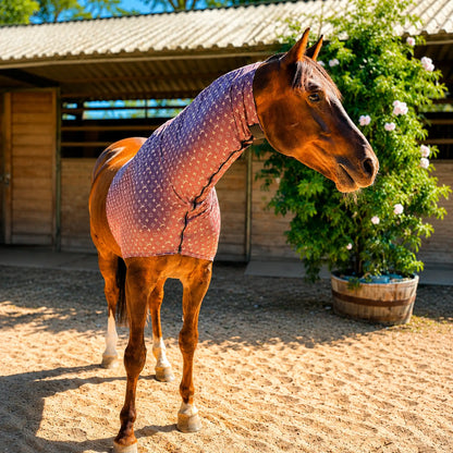 Horse wearing a LV brown faceless sleazy hood standing in an outdoor stable area.