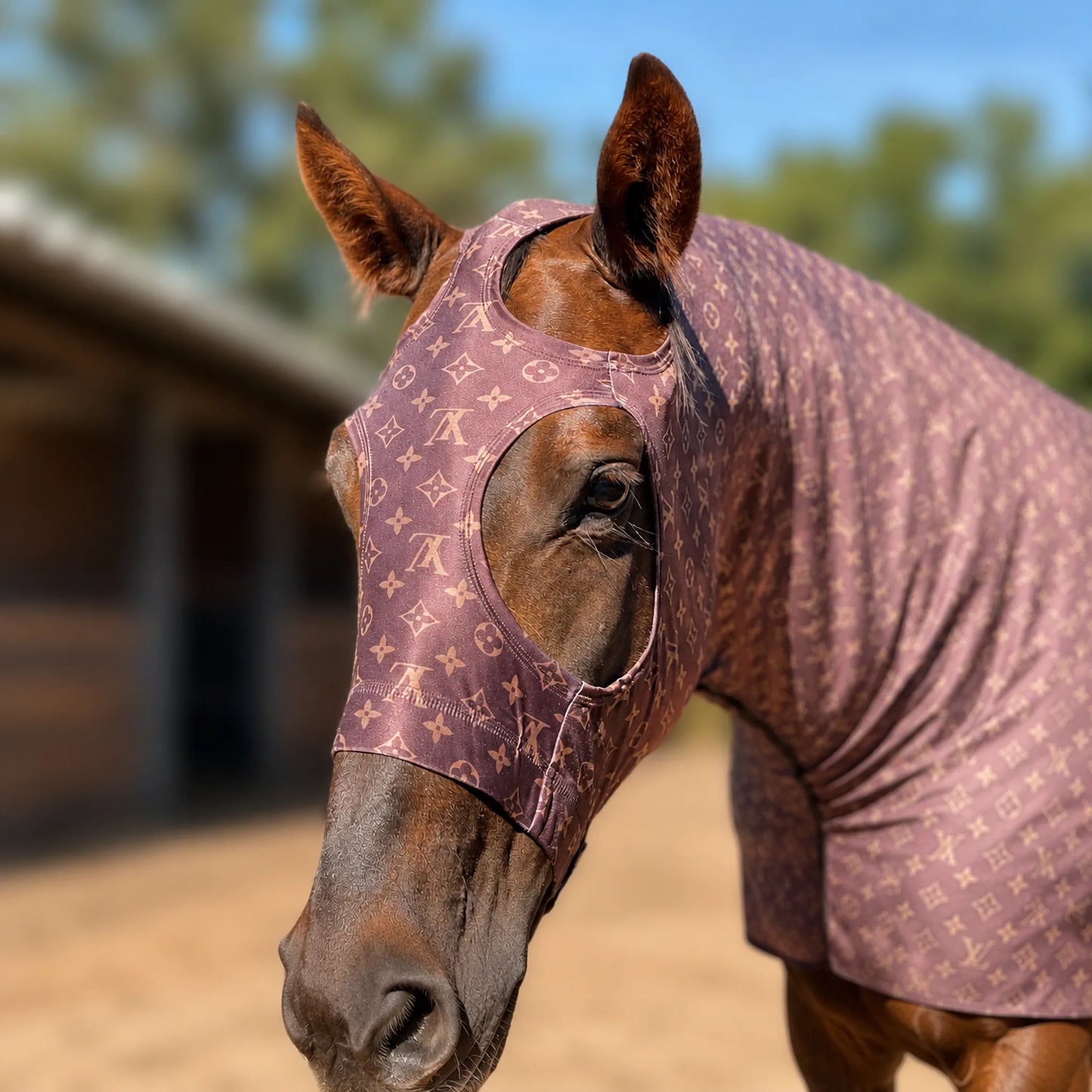 A brown horse wearing a LV brown sleazy hood, photographed outdoors in a stable with a blurred background.