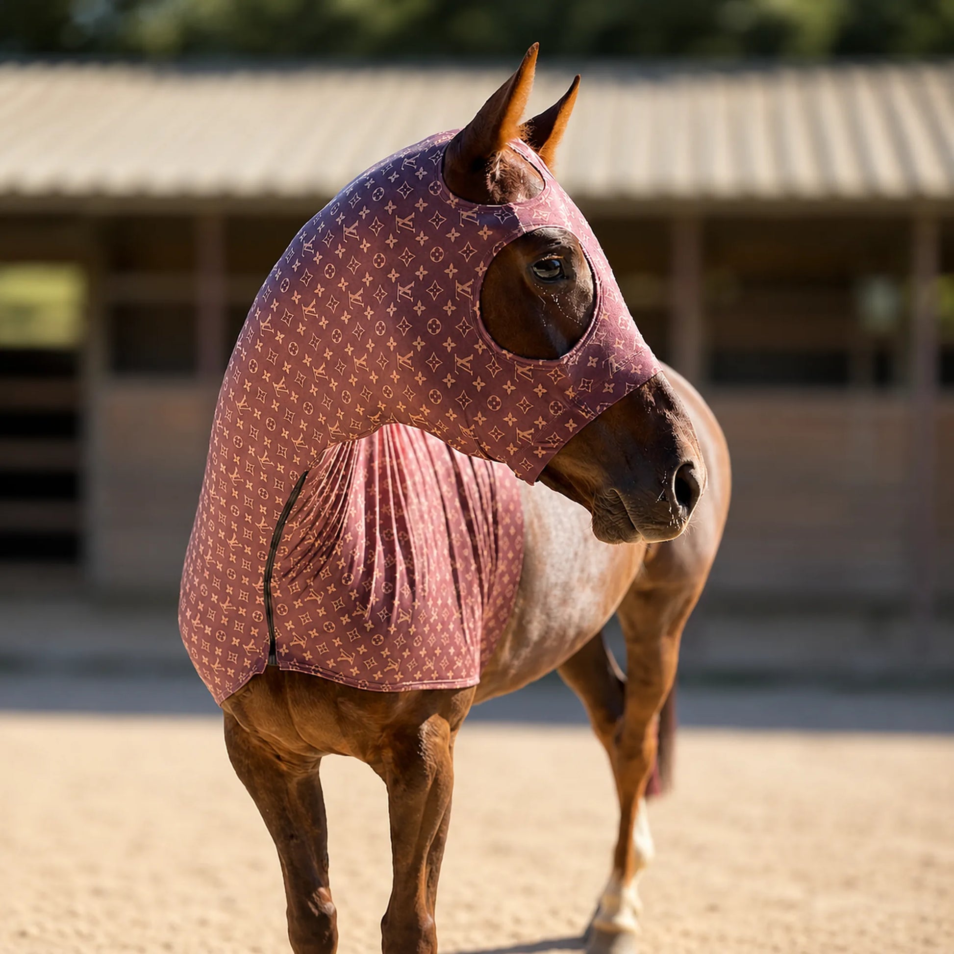 A horse standing in a sandy arena wearing a fitted LV brown hood. The hood covers most of the horse's body and head, with cutouts for the eyes and ears.