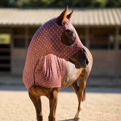 A horse standing in a sandy arena wearing a fitted LV brown hood. The hood covers most of the horse's body and head, with cutouts for the eyes and ears.