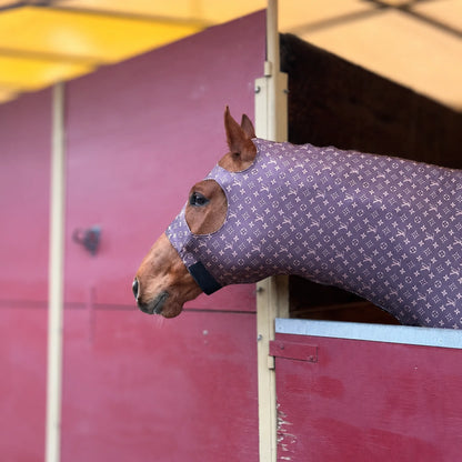 A brown horse wearing a LV brown sleazy hood stands in a red horse stable doorway.