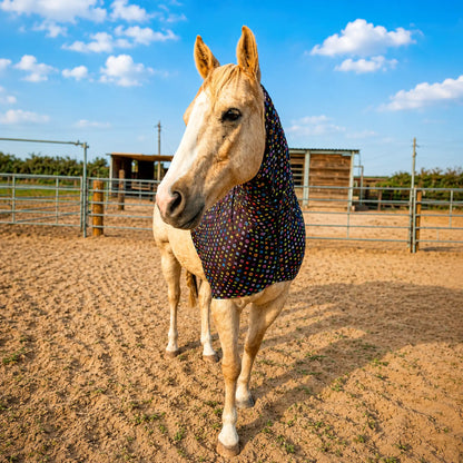 Horse wearing a LV color faceless horse sleazy hood in an outdoor stable area with a blue sky.