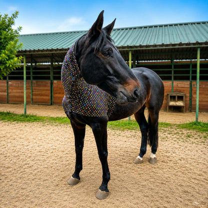 Horse wearing a LV color faceless hood sleazy standing in an outdoor stable area.