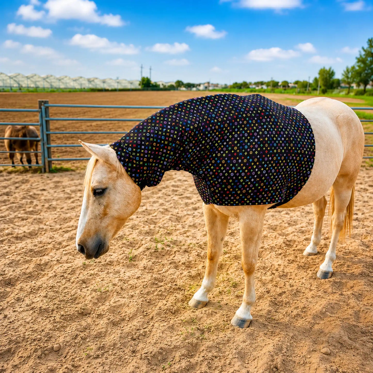 Horse wearing a LV color faceless sleazy hood in an outdoor setting with a clear sky