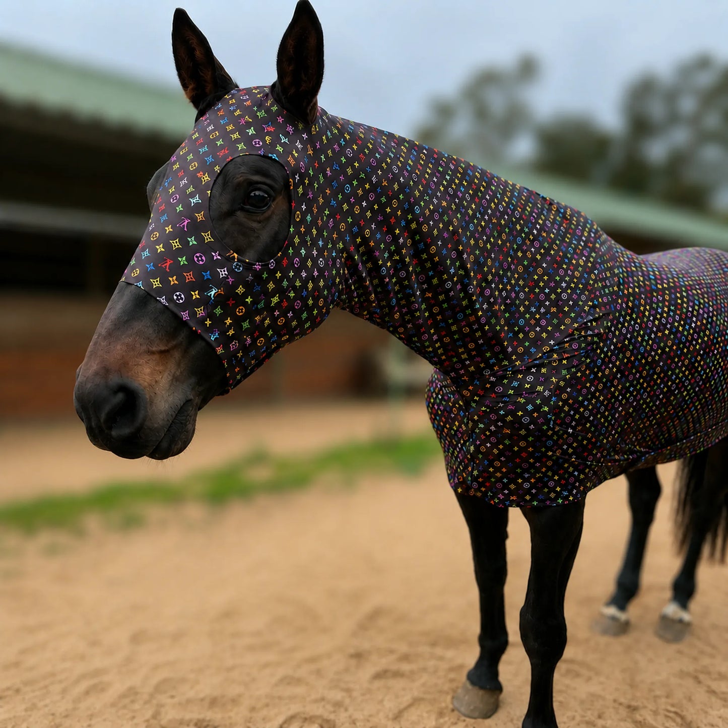 A horse wearing a fitted LV color full body sleazy, photographed outdoors in a sandy paddock with a stable in the background.
