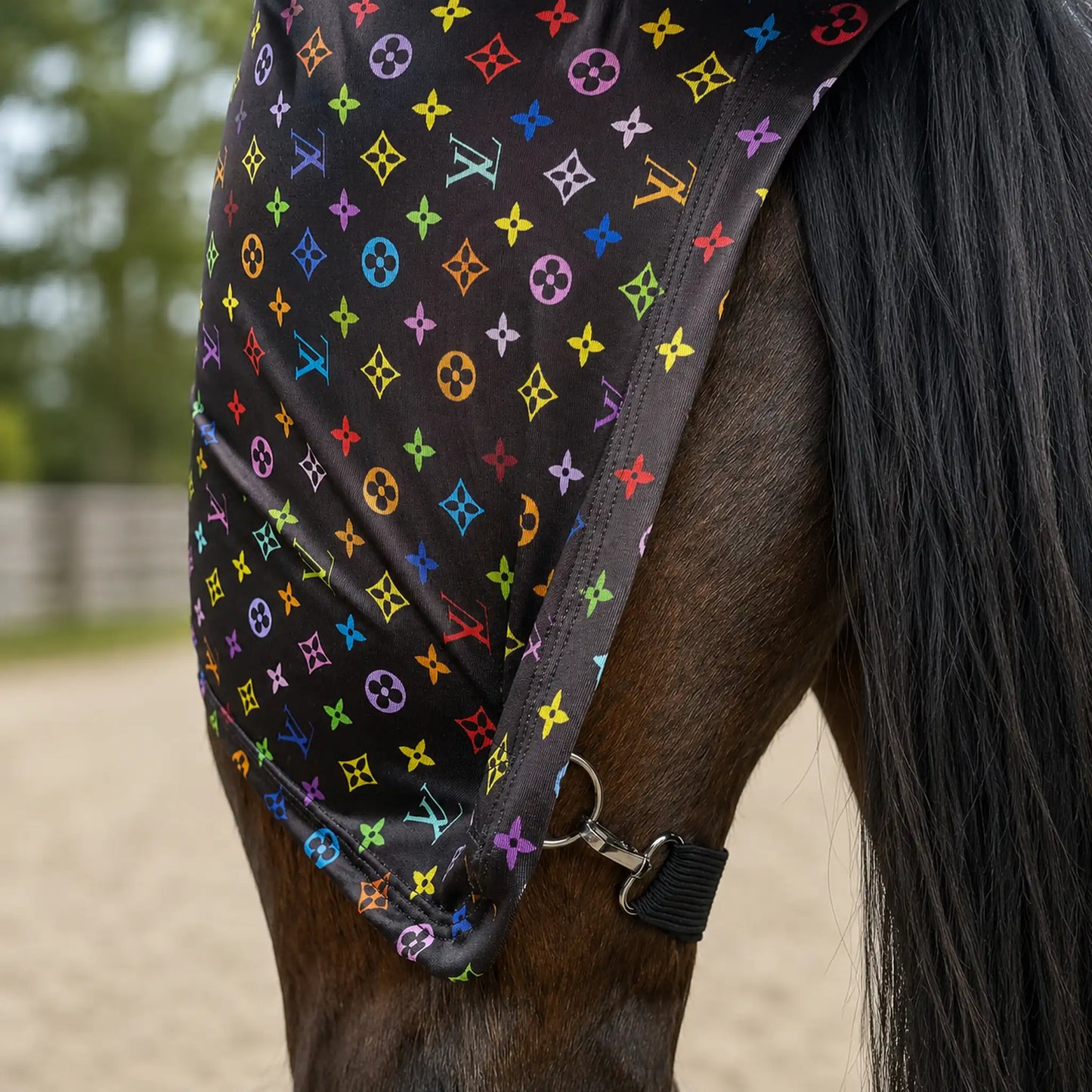 A close-up of a horse wearing a LV color full body sleazy with a colorful pattern, attached with a black strap and metal hardware.
