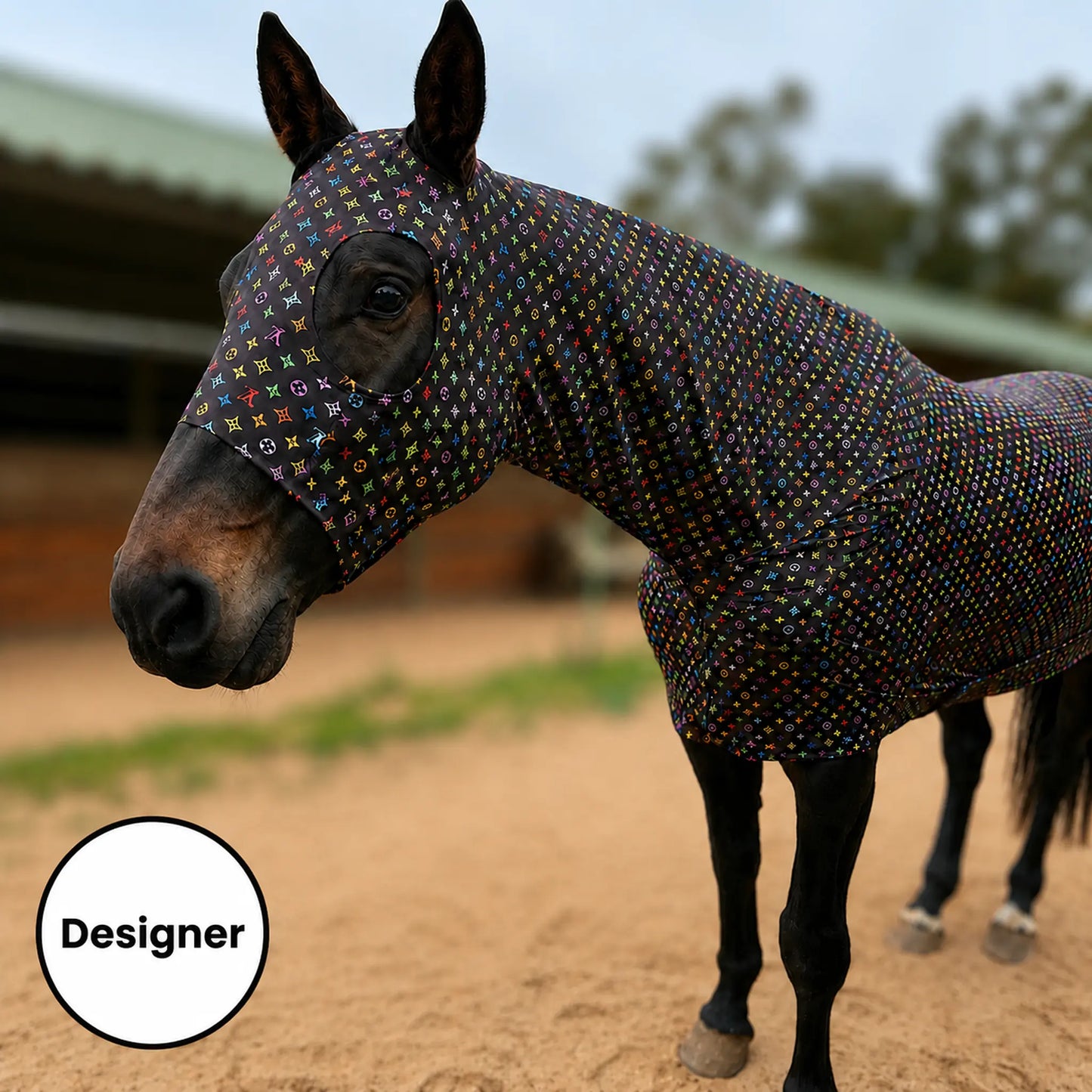 A horse wearing a fitted LV color full body, photographed outdoors in a sandy arena with a stable in the background.