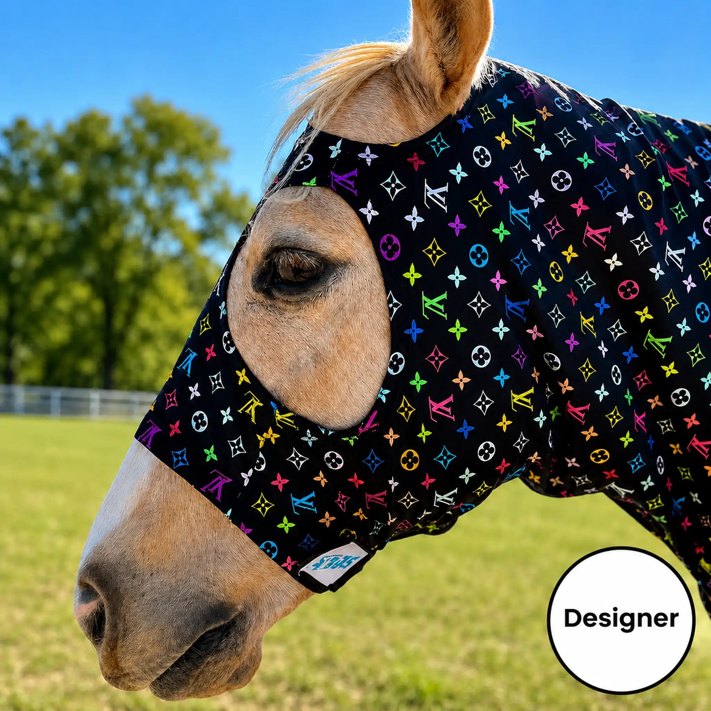 A close-up of a horse outdoors wearing a LV color sleazy hood. The background shows a grassy field and trees under a blue sky.