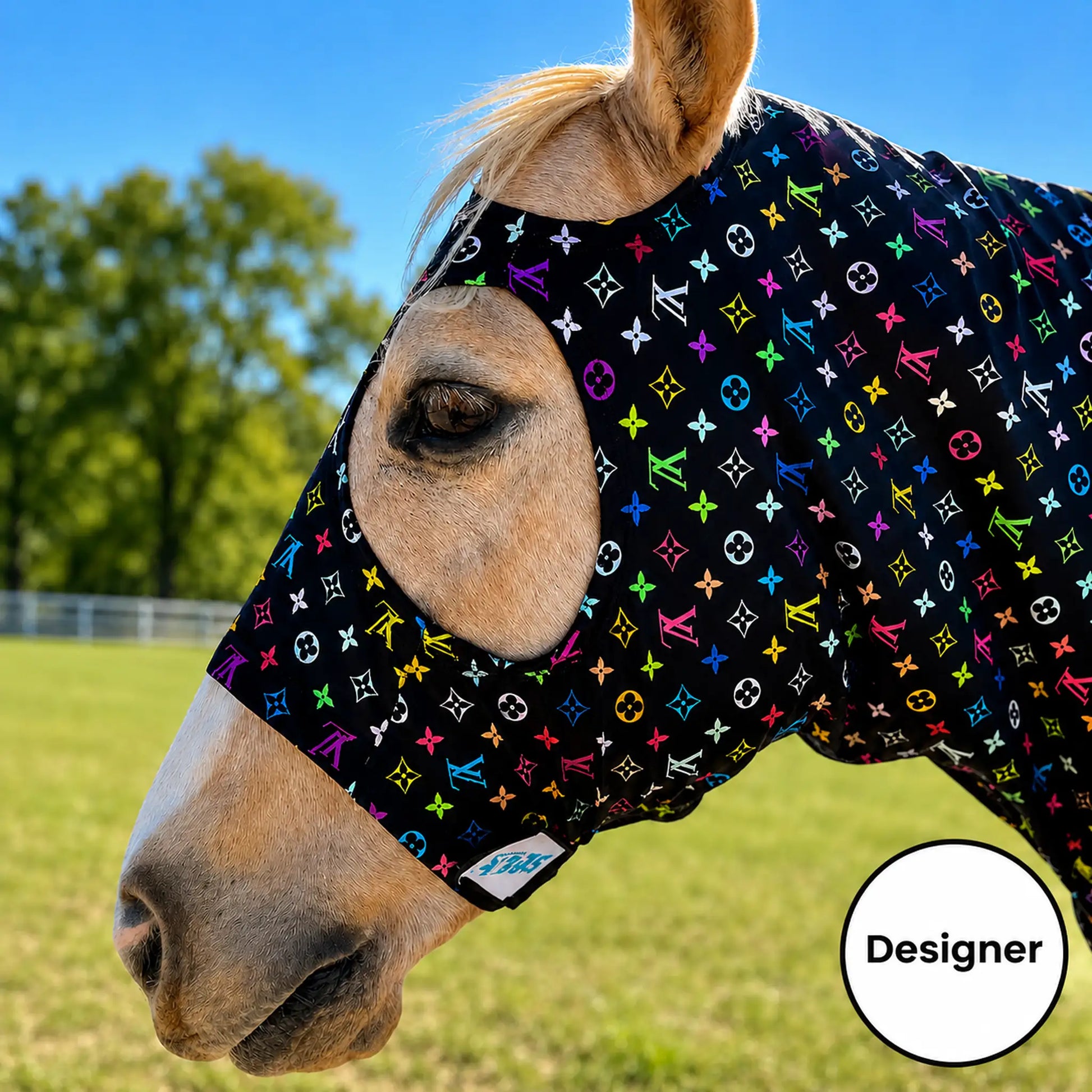 A close-up of a horse outdoors wearing a LV color sleazy hood. The background shows a grassy field and trees under a blue sky.