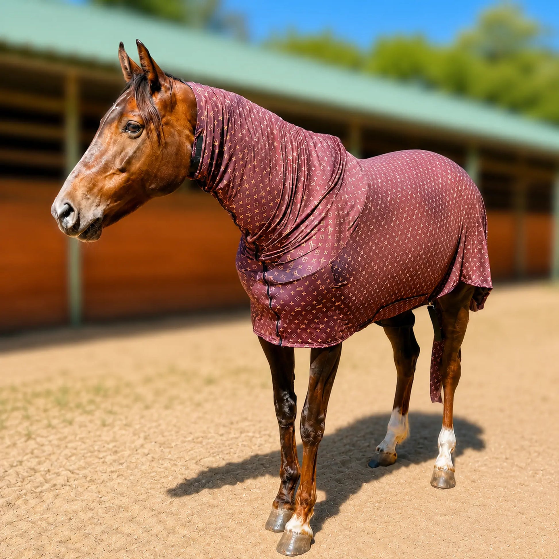 LV faceless full body sleazy left front view horse in front of barn