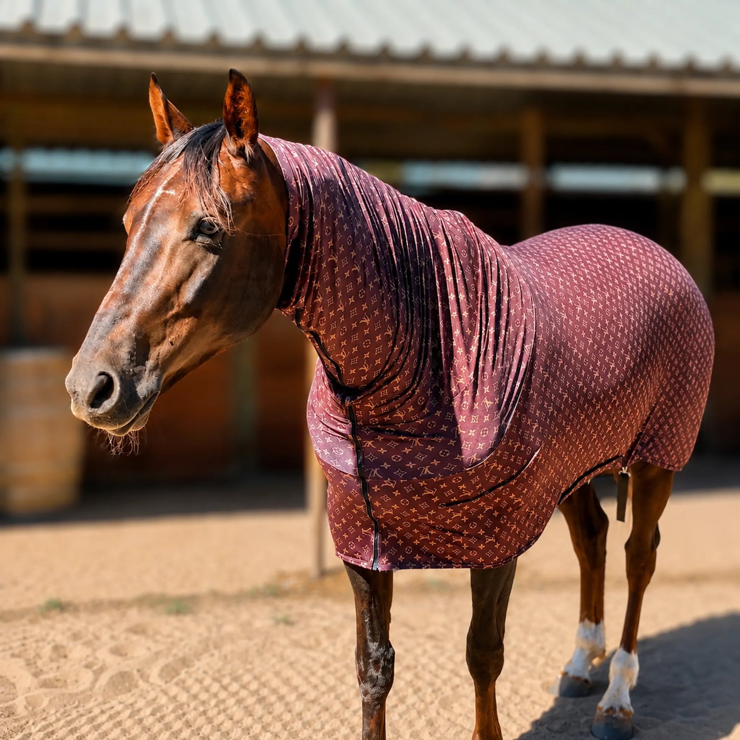 LV faceless full body sleazy horse front view in front of barn