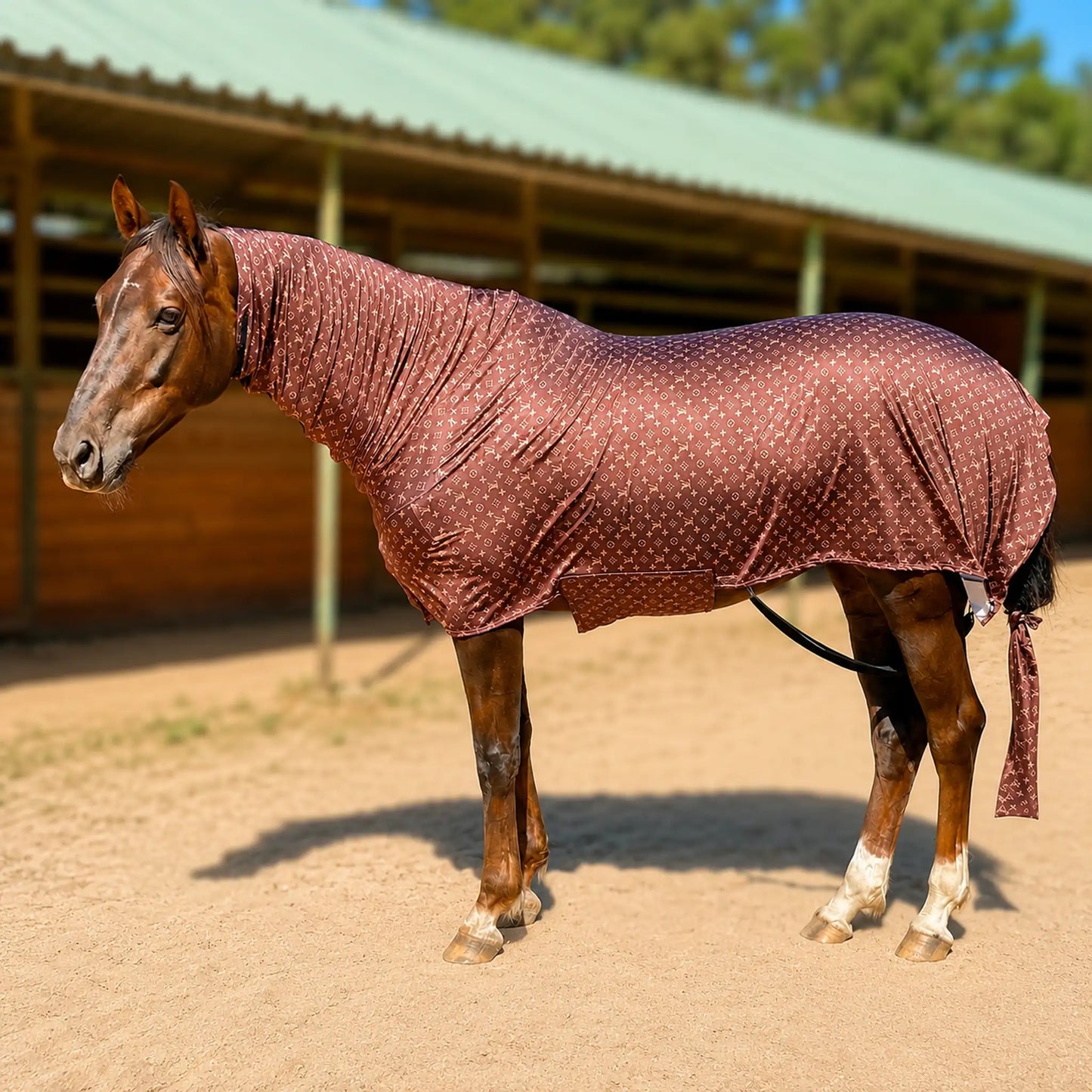 LV faceless full body sleazy horse side view of full horse in front of barn