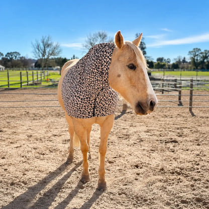 Horse wearing a leopard print faceless hood in an outdoor setting