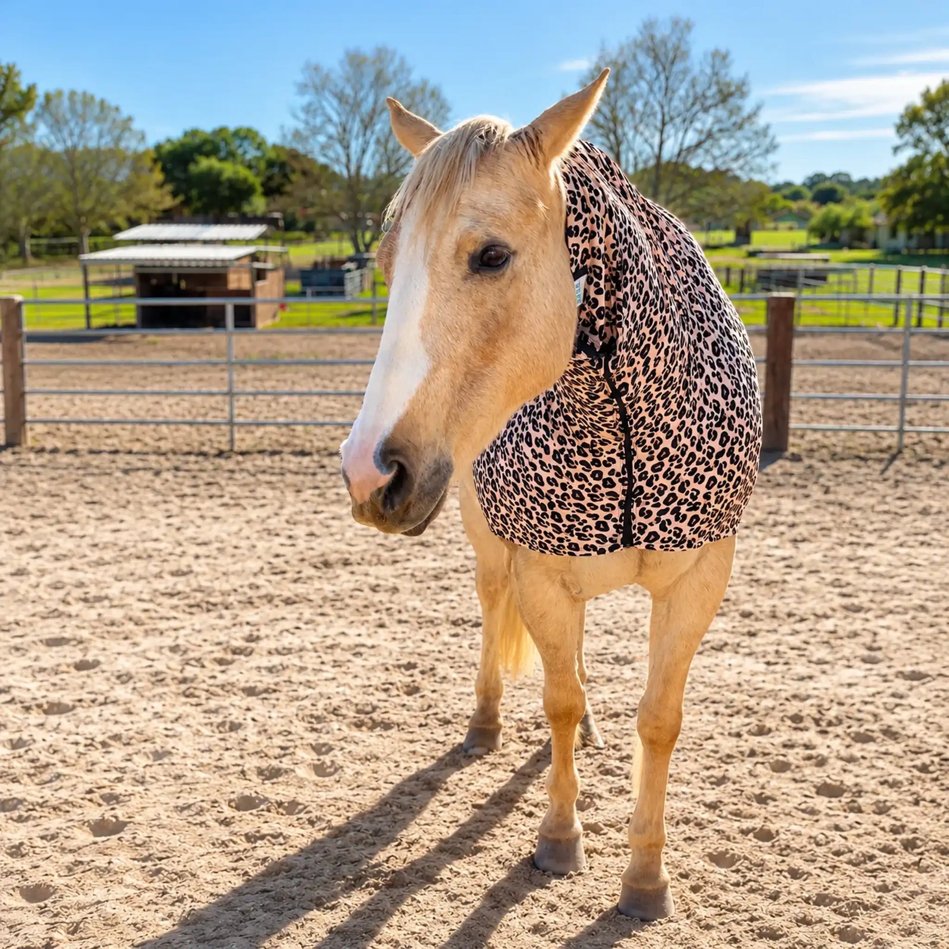 Horse wearing a leopard print faceless sleazy hood in an outdoor setting