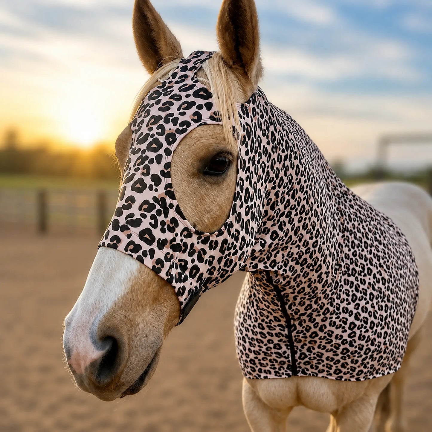 A horse wearing a fitted leopard-print sleazy hood, photographed outdoors in a arena at sunset.