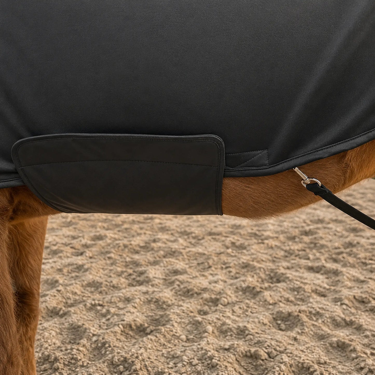 metallic black faceless full body sleazy horse belly view showing hardware and fitment on horse