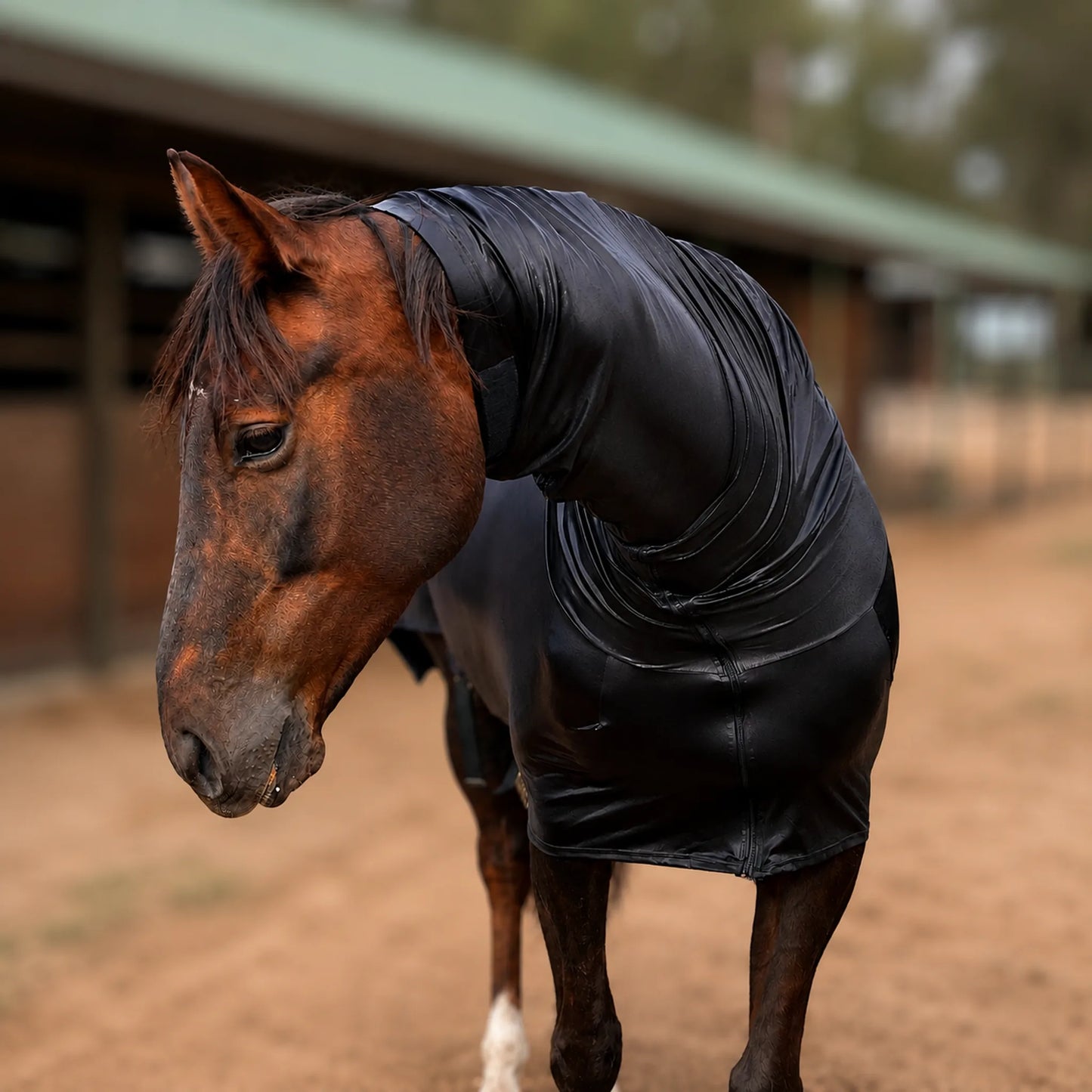 metallic black faceless full body sleazy front chest view of horse in front of barn