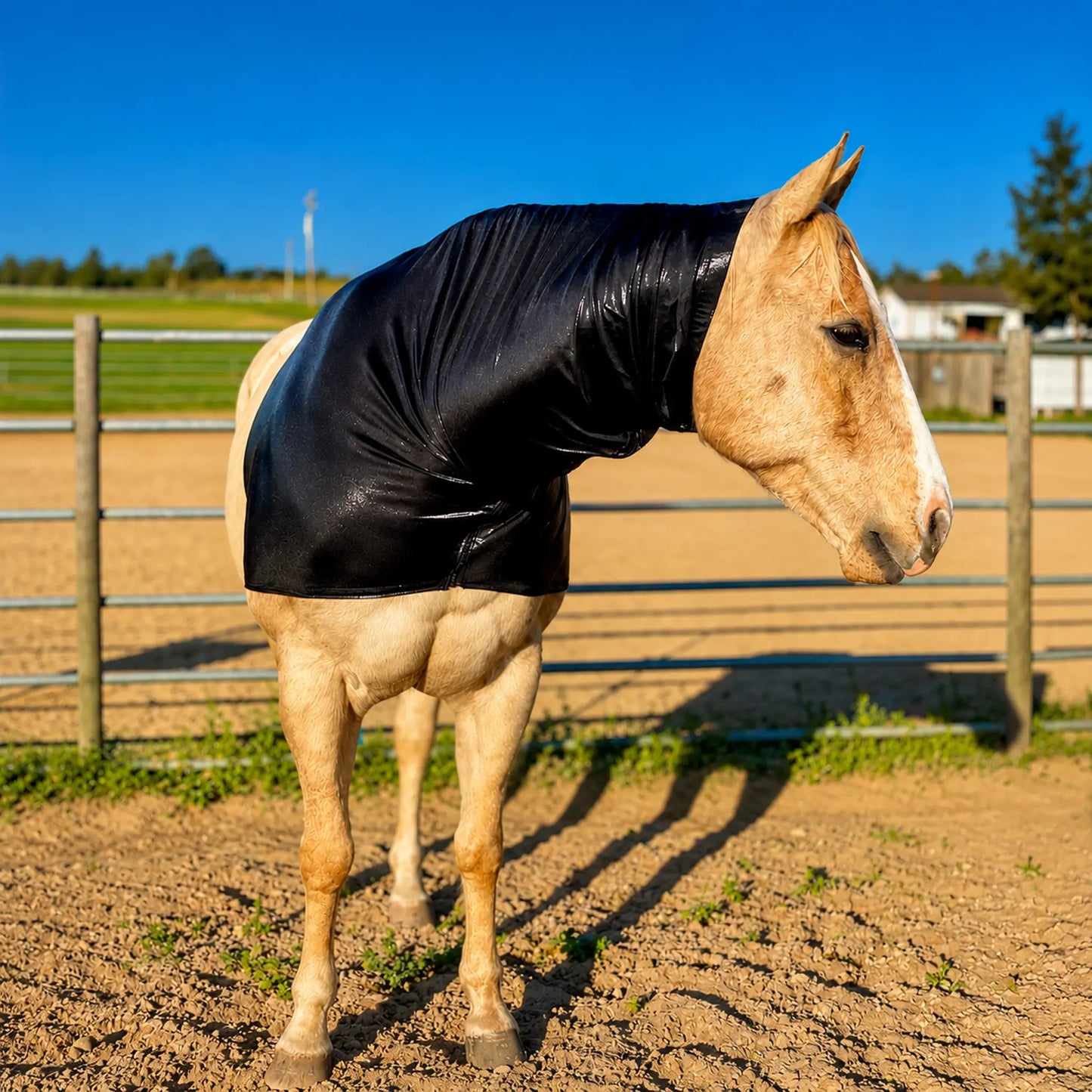 Horse wearing a metallic black faceless hood standing in an outdoor arena with a clear blue sky.