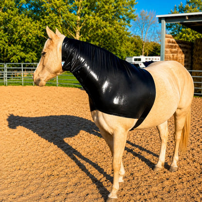 Beige horse wearing a shiny metallic black faceless sleazy hood in an outdoor setting with trees and a clear sky.